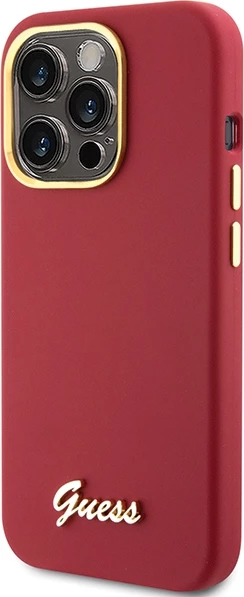 Mbështjellës Guess për iPhone 15 Pro, Silicone Script Metal Logo & Frame, Kuq