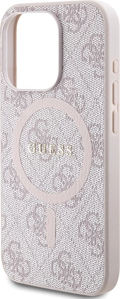 Mbështjellës Guess 4G Collection Leather Metal Logo MagSafe për iPhone 14 Pro Max, Rozë