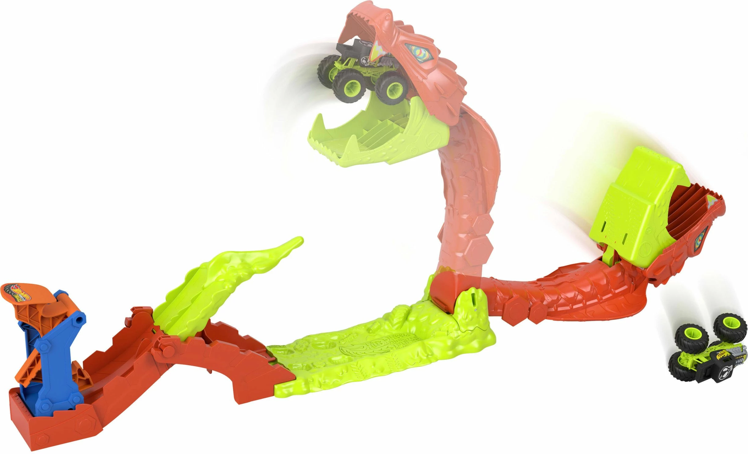 Set pistë makinash Hot Wheels Monster Truck JJN44, shkallë 1:64, me launcher dhe 1 makinë Bone Shaker