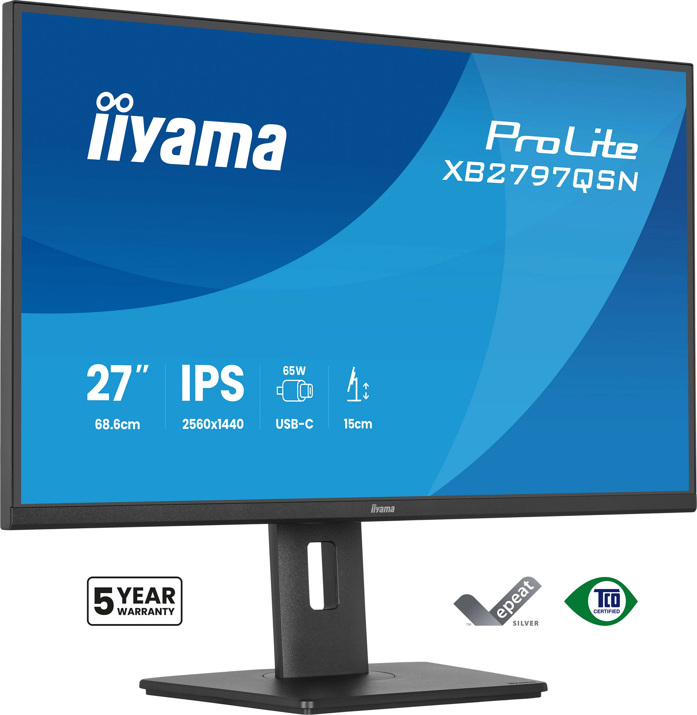 Monitor iiyama ProLite XB2797QSN-B1, 27", IPS, QHD 2560x1440, USB-C 65W, i zi