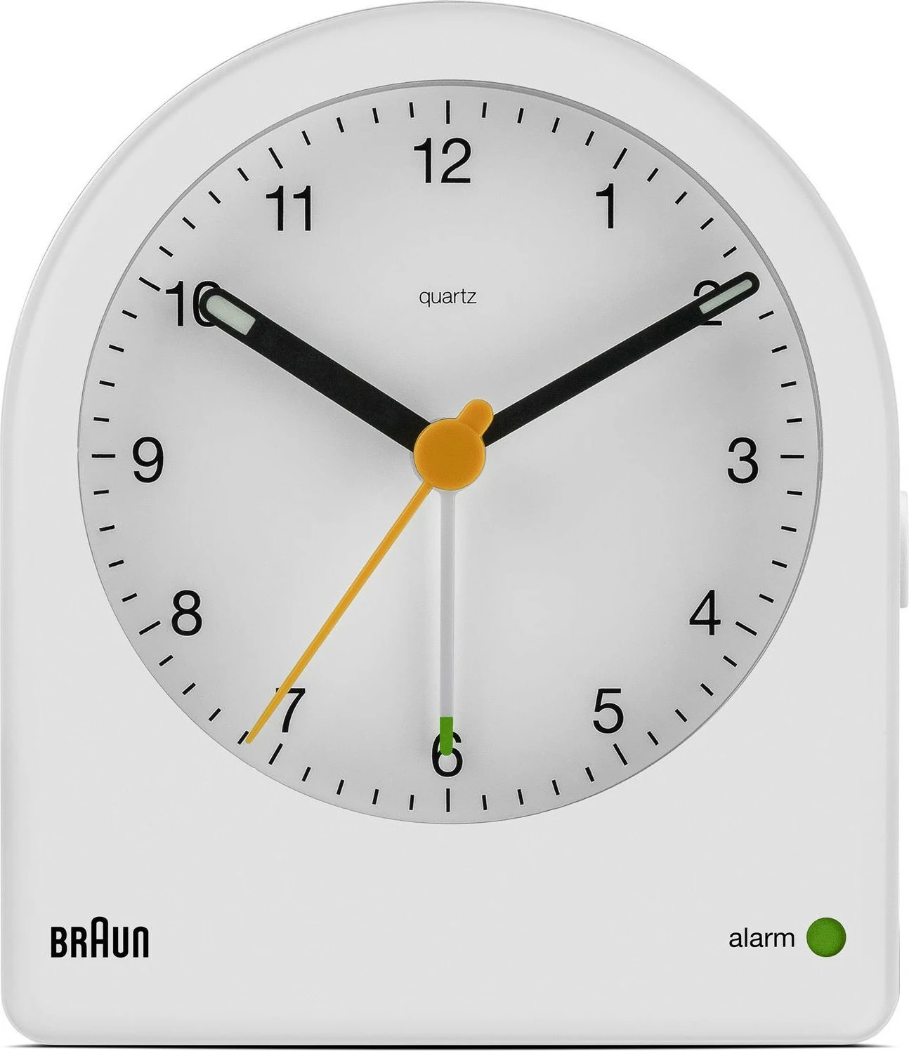 Orë alarmi Braun BC22, quartz, 12h, buzzer, bardhë/verdhe