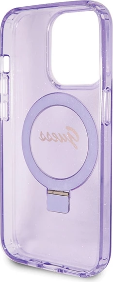 Mbështjellës Guess Ring Stand Script Glitter MagSafe për iPhone 14 Pro Max, vjollcë