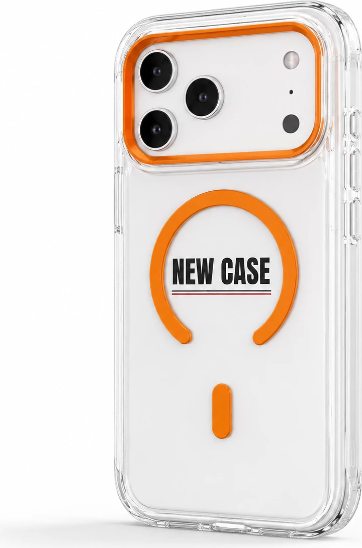 Mbrojtëse transparente magnetike për iPhone 17 Pro Max me kornizë kamere ngjyre e portokalltë
