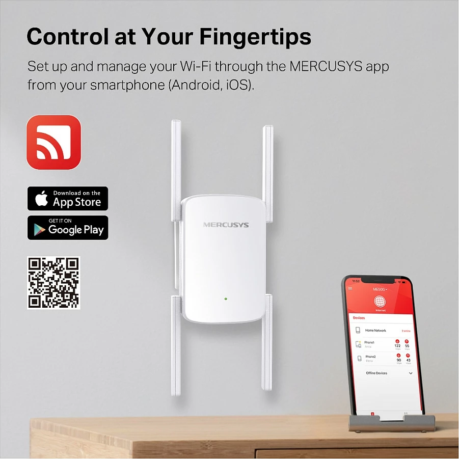 Zgjatës Wi‑Fi Mercusys ME50G AC1900, Dual-Band, Gigabit Ethernet, i bardhë