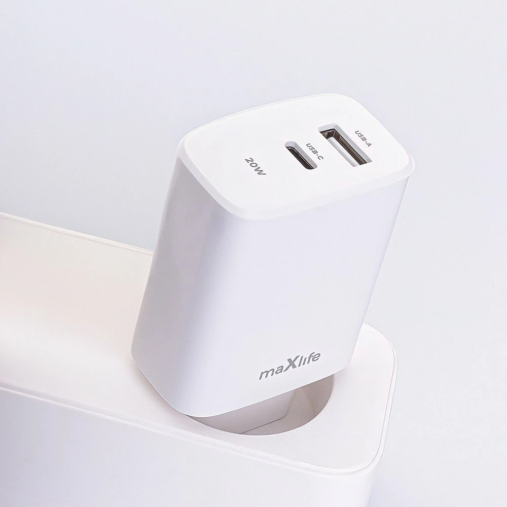 Adapter karikimi Maxlife MXTC-10-20AC 20W PD QC, 1x USB-C + 1x USB, i bardhë