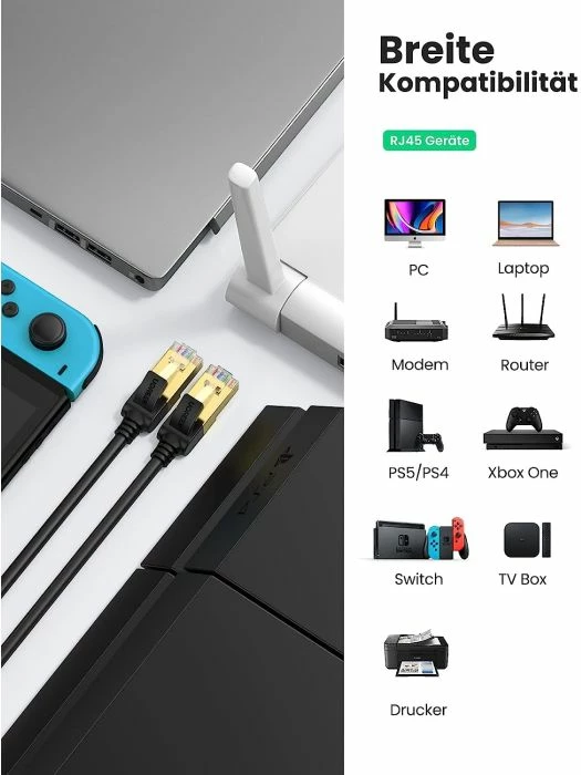 Kabllo rrjeti Ethernet UGREEN Cat7 RJ45 MPN 11270, 10 Gbps, 600 MHz, 3 m, e zezë