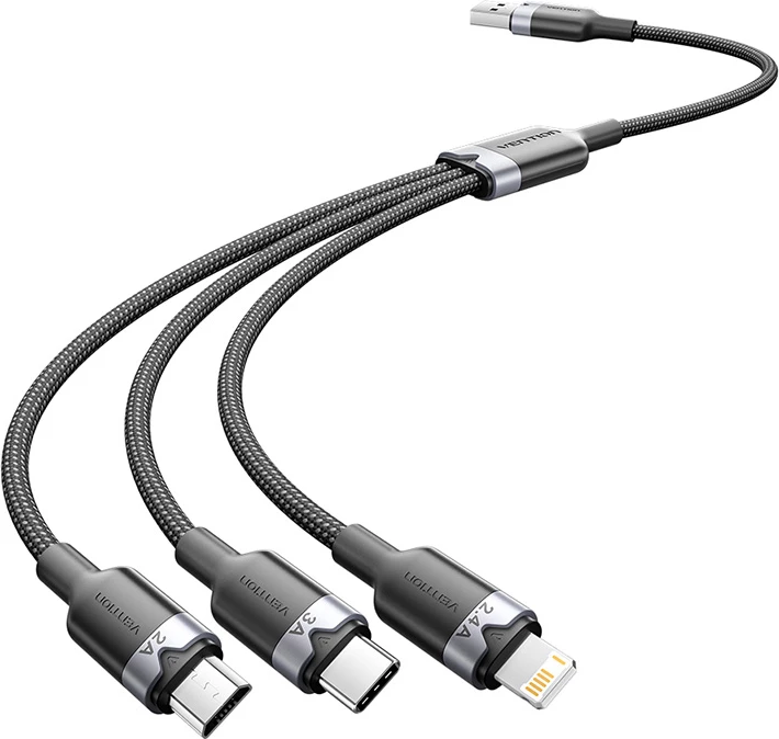 Kabllo 3-në-1 Vention CTPBG, USB 2.0, 1.5m, USB-C/Lightning/Micro-B, e zezë