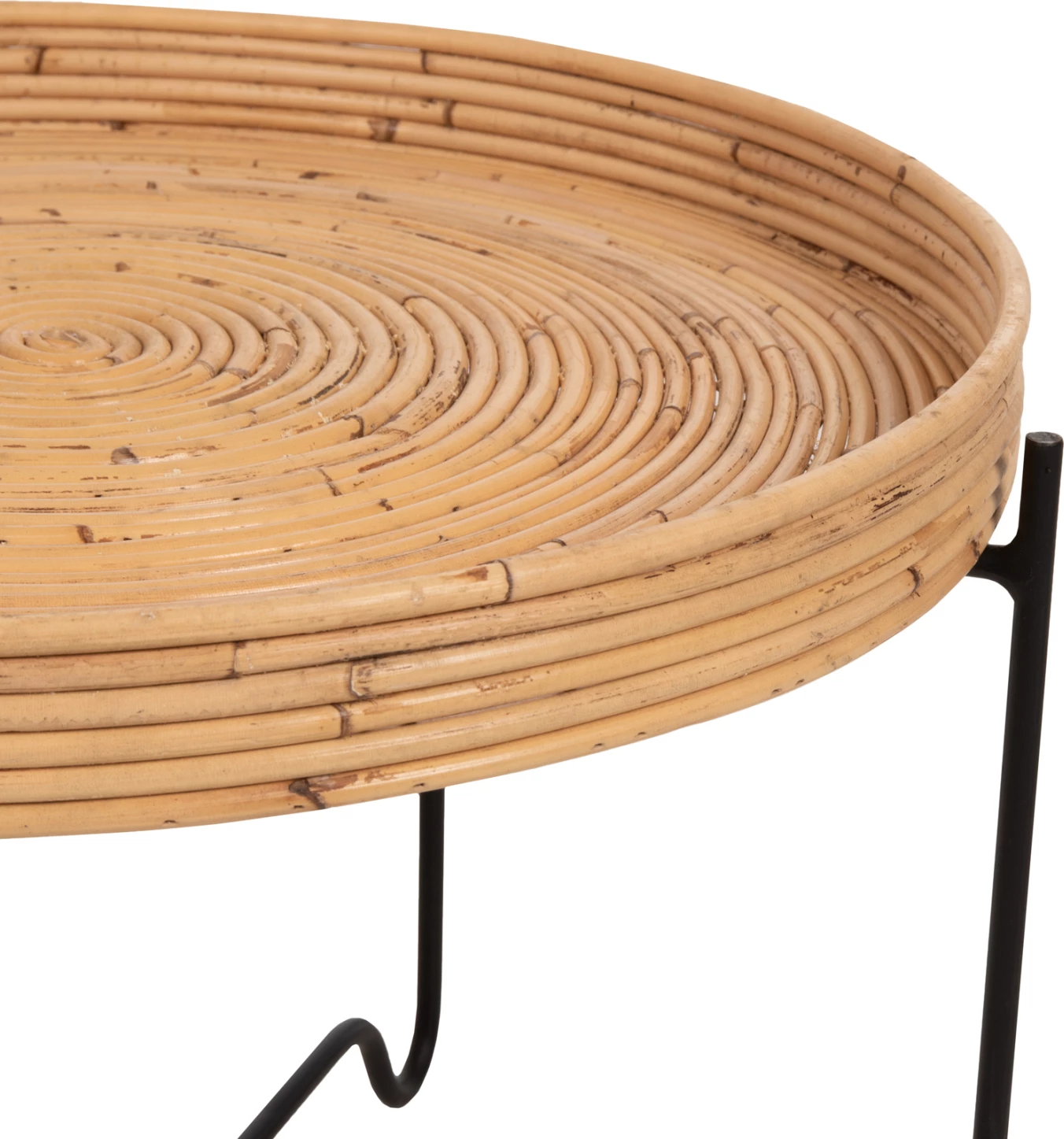 Tavolinë anësore rrethore FLY, rattan natyral, bazë metalike e zezë, Φ50x40H cm