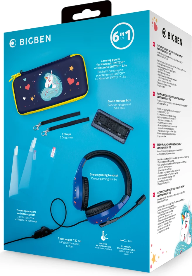 Paketë aksesorësh 6-në-1 për Nintendo Switch/Switch Lite Nacon Unicorn, blu