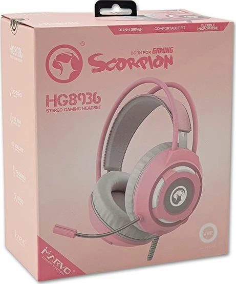Kufje gaming Marvo HG8936 me mikrofon, ndriçim LED, 2x3.5mm + USB, kabllo 2.1 m, rozë/gri