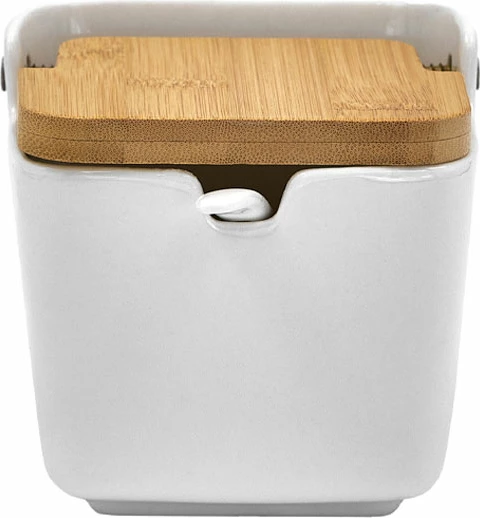 Kavanoz ruajtës me kapak, porcelan i bardhë, bambu natyral, 10x10x9cm