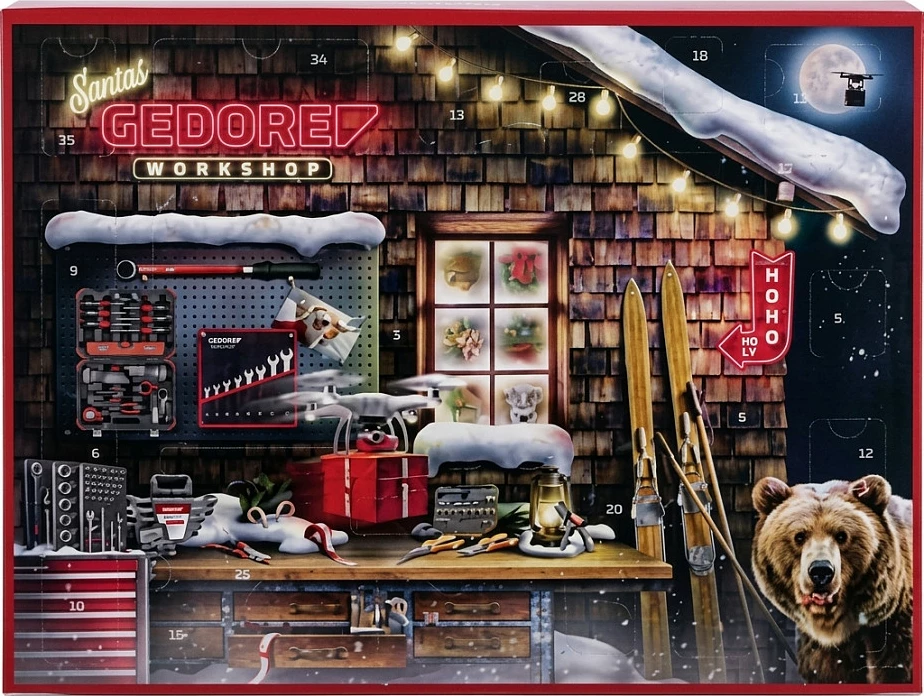 Kalendar adventi GEDORE red 2025, set veglash 51 copë, 1/4", kuqe/zi