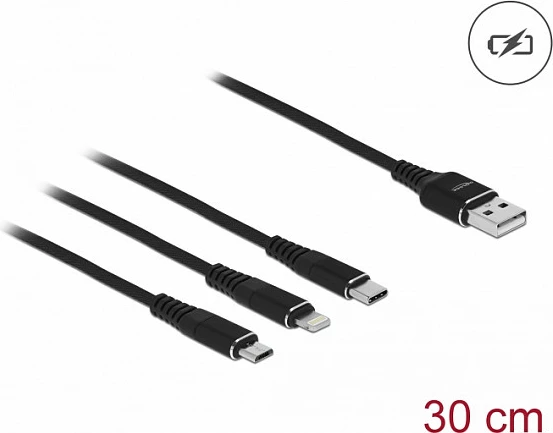 Kabllo karikimi DeLOCK 3-në-1 USB-A në Lightning/Micro USB/USB-C, 0.3 m, e zezë