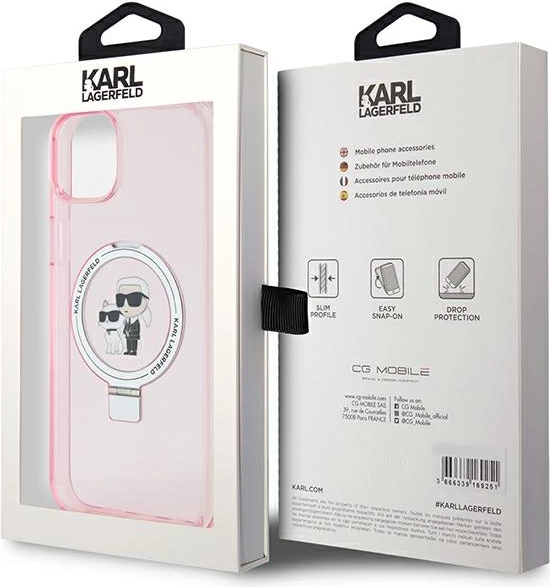 Mbështjellës Karl Lagerfeld Ring Stand Karl&Choupette MagSafe për iPhone 15 Plus, rozë