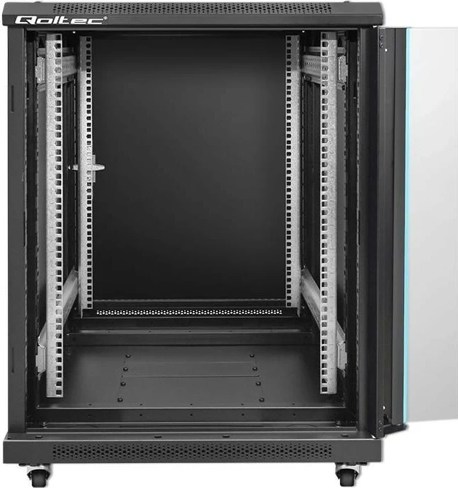 Kasë RACK Qoltec 54518, 19", 15U, 600x855x600mm, xham i fortë, këmbë + rrota, e zezë