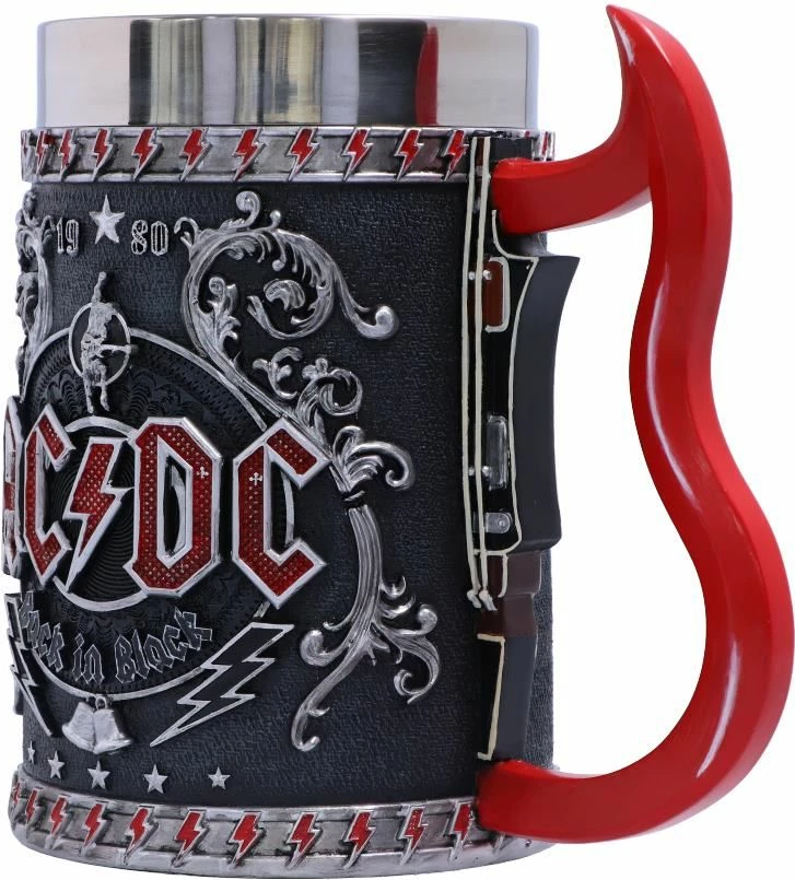 Kupa (tankard) Nemesis Now AC/DC Back in Black, rezinë me insert çelik inox, dorezë kitarë, e zezë/kuqe