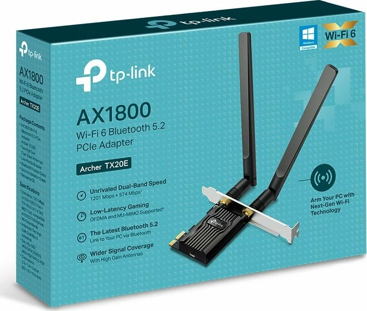Kartë rrjeti PCIe TP-Link Archer TX20E, Wi‑Fi 6 AX1800, Bluetooth 5.2, e zezë