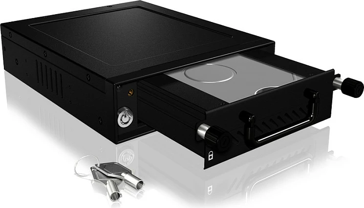 Baj hot-swap ICY BOX për HDD/SSD, 5.25", 1x 2.5/3.5" SATA/SAS, me çelës, i zi