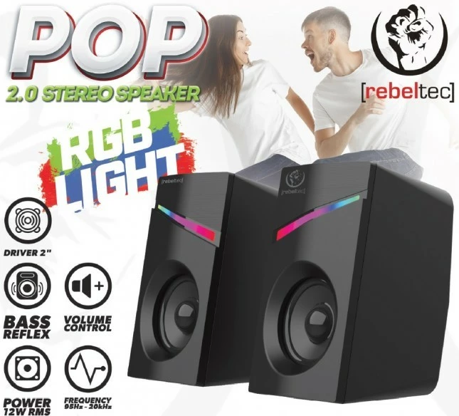 Altoparlantë Rebeltec POP 2.0, për kompjuter e telefon, 12W, të zinj, me ndriçim RGB