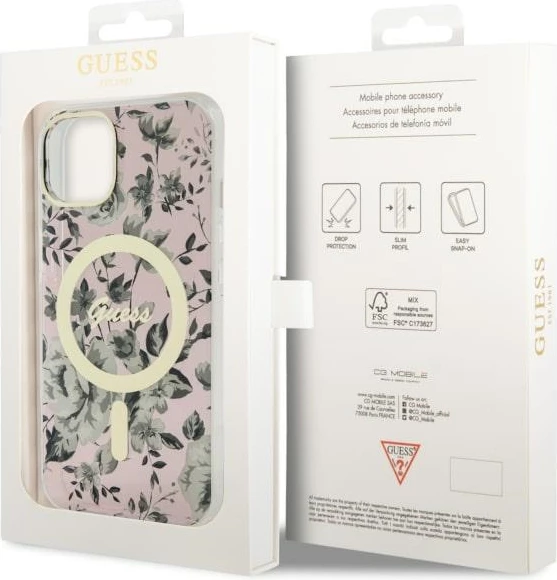 Mbështjellës Guess Flower MagSafe për iPhone 14, Rozë