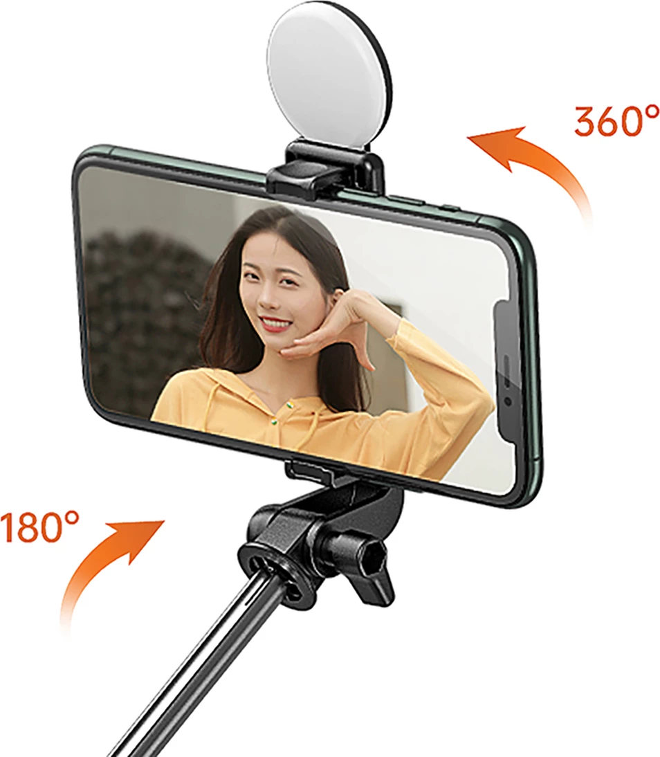 Selfie stick Hurtel WH1YXS tripod teleskopik 1m me llambë LED, mbajtëse telefoni, e zezë