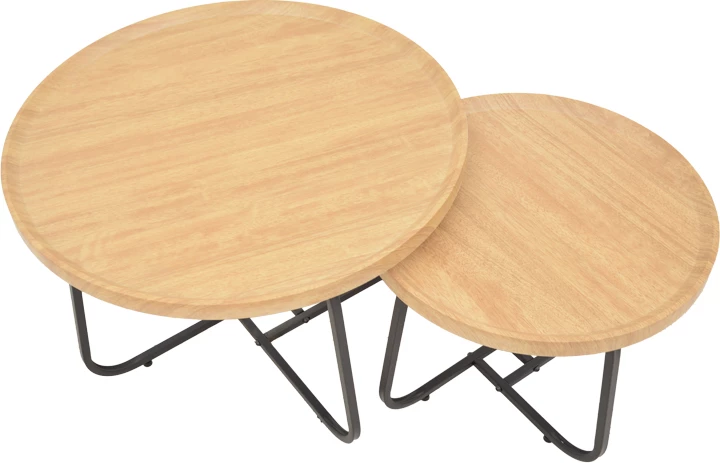 Set tavolinash kafeje Crismory, 2 copë, MDF, ngjyrë natyrale dhe këmbë metali të zeza