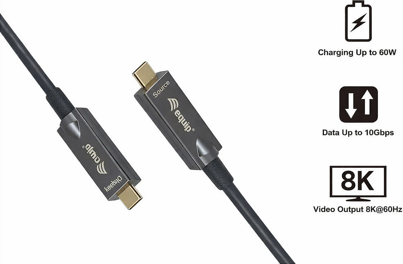 Kabllo USB-C EQUIP USB 3.2 AOC, 15m, 8K, PD 60W, e zezë