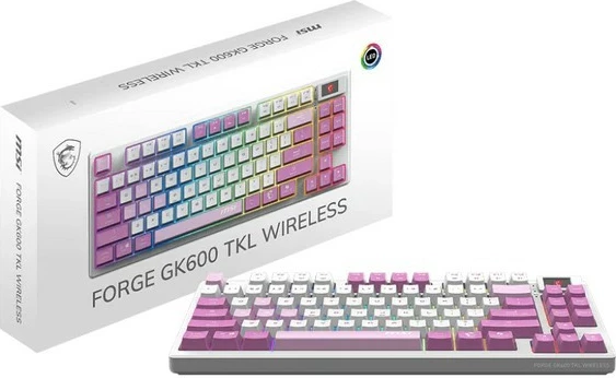 Tastierë mekanike, MSI, FORGE GK600 TKL W VIOLET US, TKL pa numpad, 2.4 GHz/Bluetooth/USB, hot-swap linear, RGB, ekran 1.06", bateri 4000 mAh, rozë/bardhë