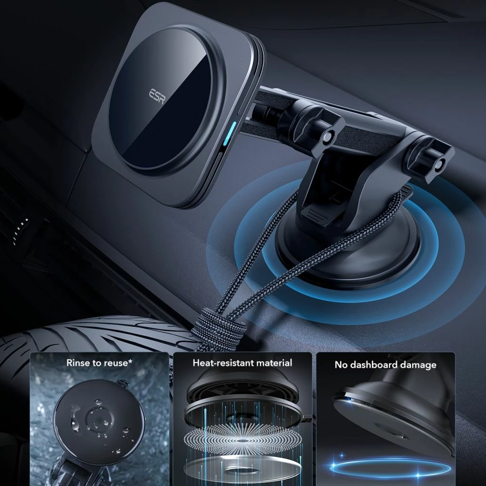 Mbajtës magnetik për veturë ESR HaloLock MagSafe Qi2 15W, i zi