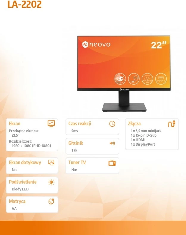 Monitor AG NEOVO LA-2202, 22", Full HD, VA, HDMI, DP, D-Sub, i zi