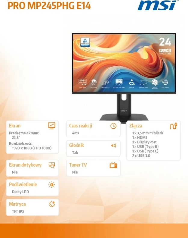 Monitor MSI PRO MP245PHG E14 23.8" FHD 144Hz IPS Flat USB-C 65W KVM, e zezë