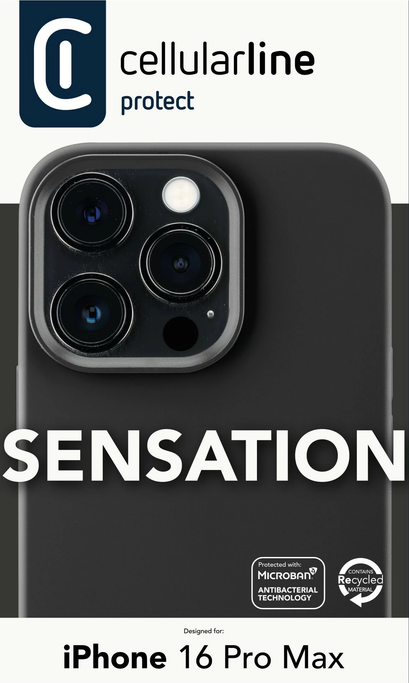 Mbështjellës Cellular Line Sensation për iPhone 16 Pro Max, i zi