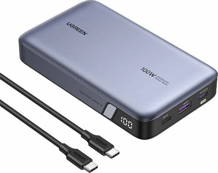 Powerbank Ugreen PB720 20000mAh 100W PD me display, Gri, me kabllo USB-C