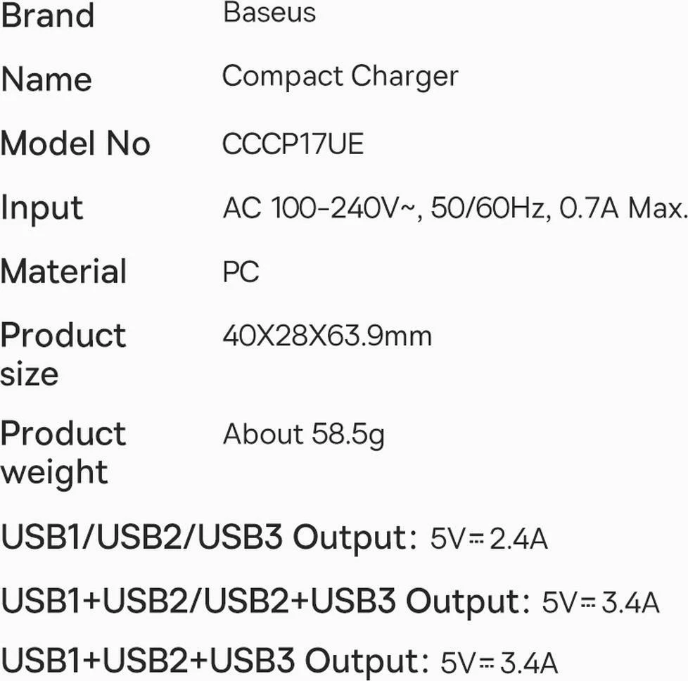 Karikues muri Baseus CCXJ020102 3x USB-A 17W 3.4A, i bardhë, 1 copë