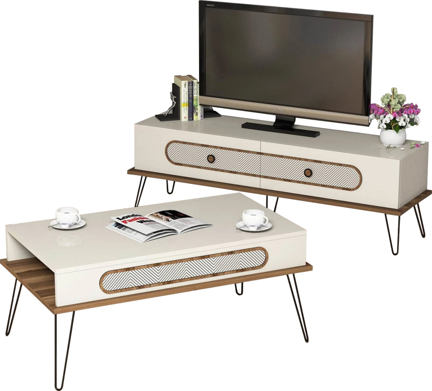 Kompozim për dhomë ndeje, FH11851.01, 2 pjesë, melaminë, ngjyrë krem-arrë