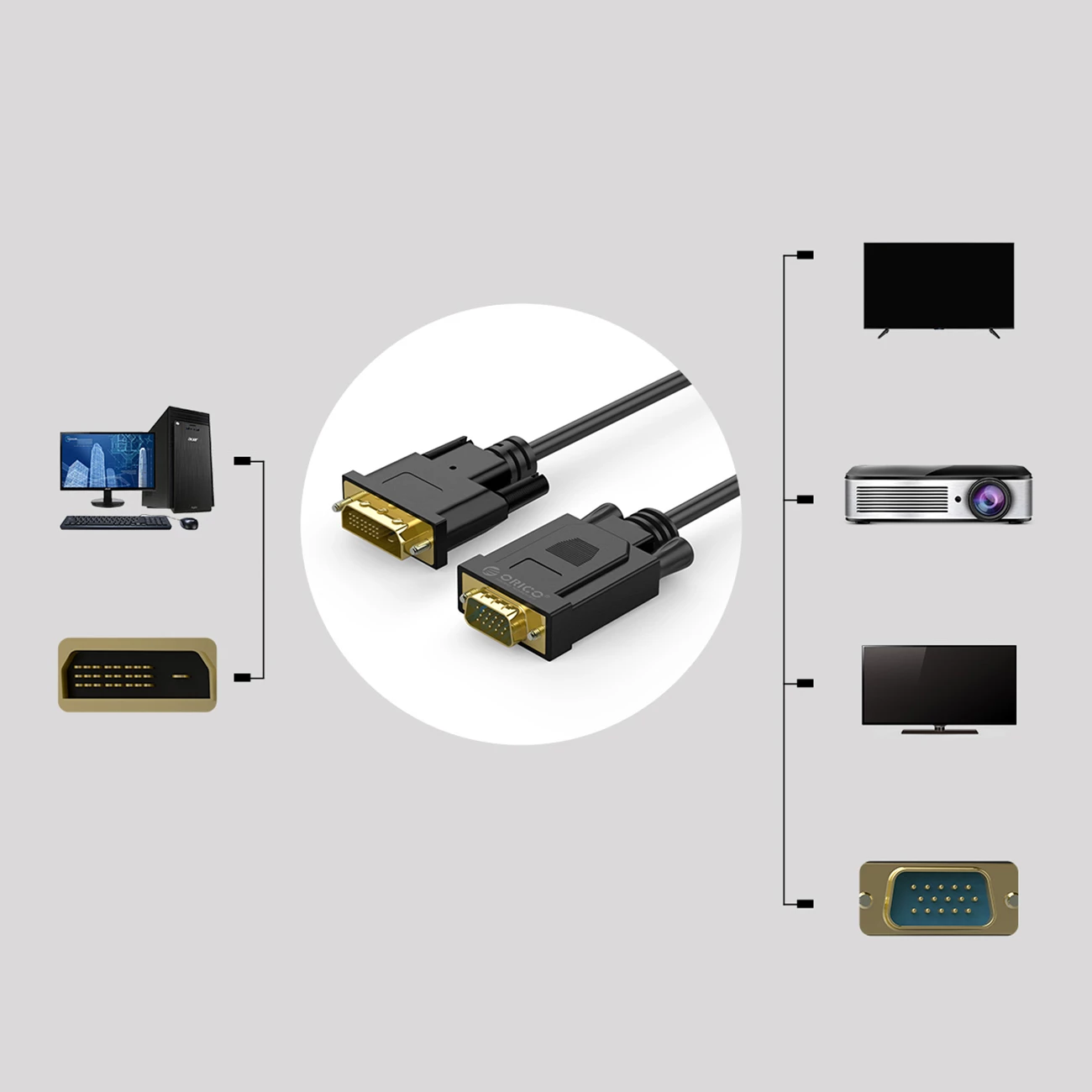 Kabllo adapter DVI në VGA Orico XD-DITV 5 m Full HD, e zezë