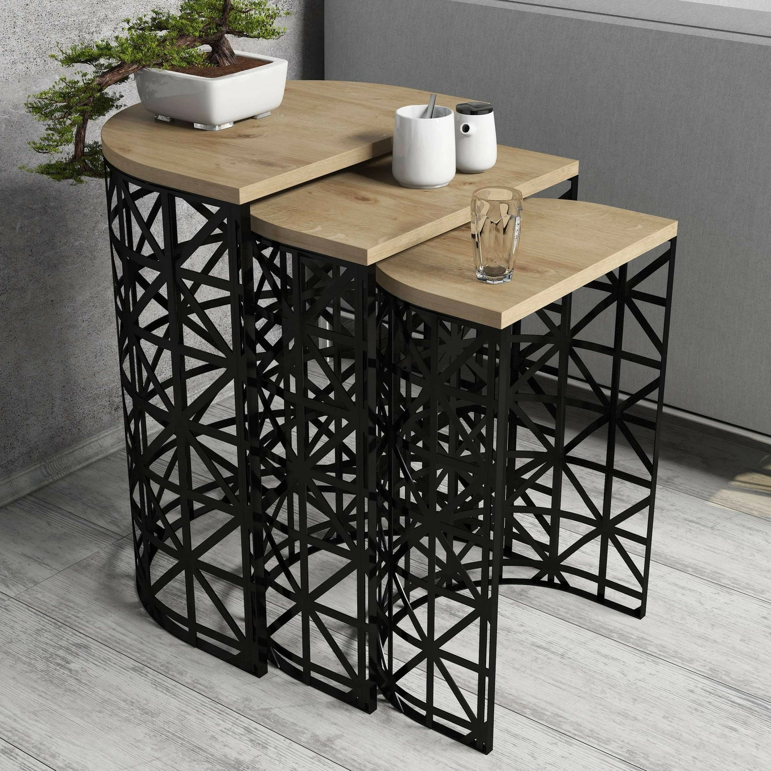Set tavolinash ndihmëse të vendosshme, 3 copë, ngjyrë lisi dhe e zezë, Skye Decor