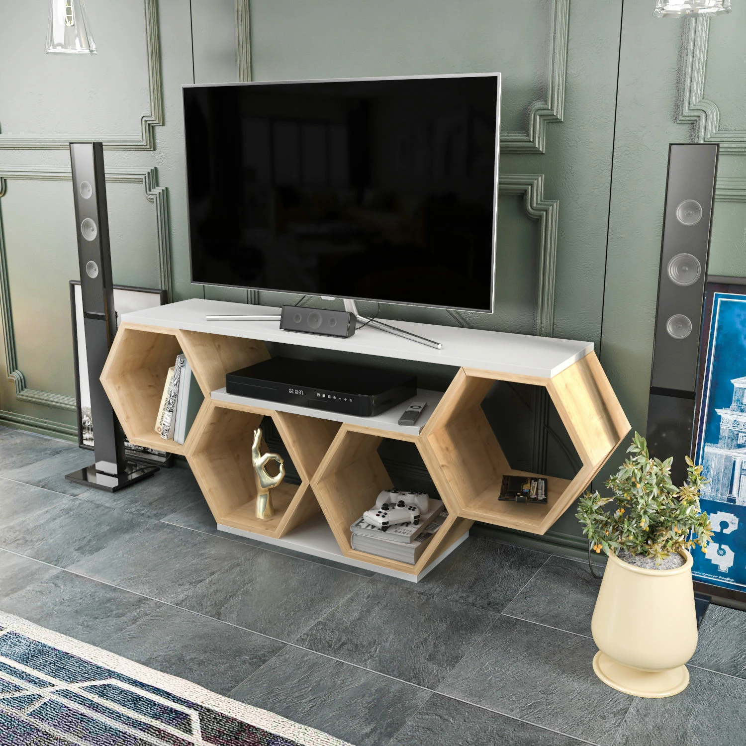Komodë TV Hanah Home, ngjyrë e bardhë dhe sonomo