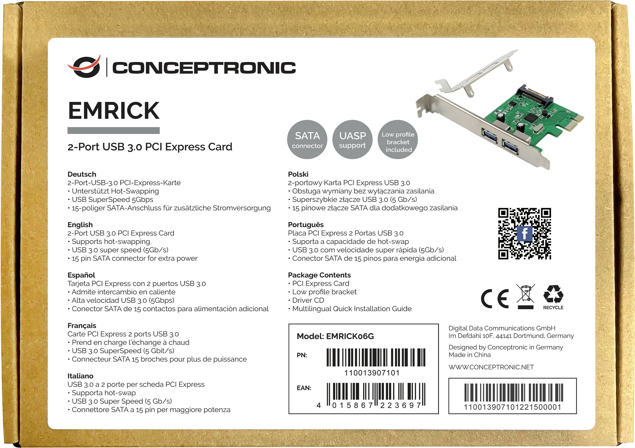 Kartelë zgjerimi PCIe Conceptronic 1x PCIe 2.0, 2x USB-A 3.0, 5Gbps, e gjelbër