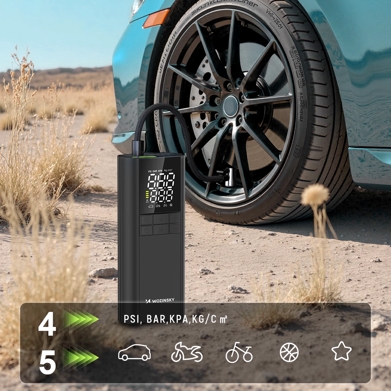 Kompresor elektrik Wozinsky WPEP-8000, power bank 8000 mAh, 150 PSI, USB-C, elektrik dore LED, e zezë