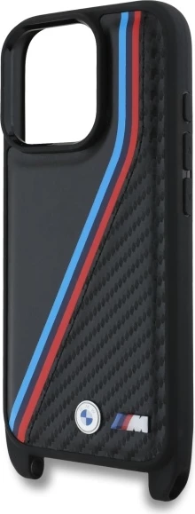 Mbështjellës BMW M Edition Carbon me vija trikolore dhe rrip për iPhone 16 Pro Max, Zi