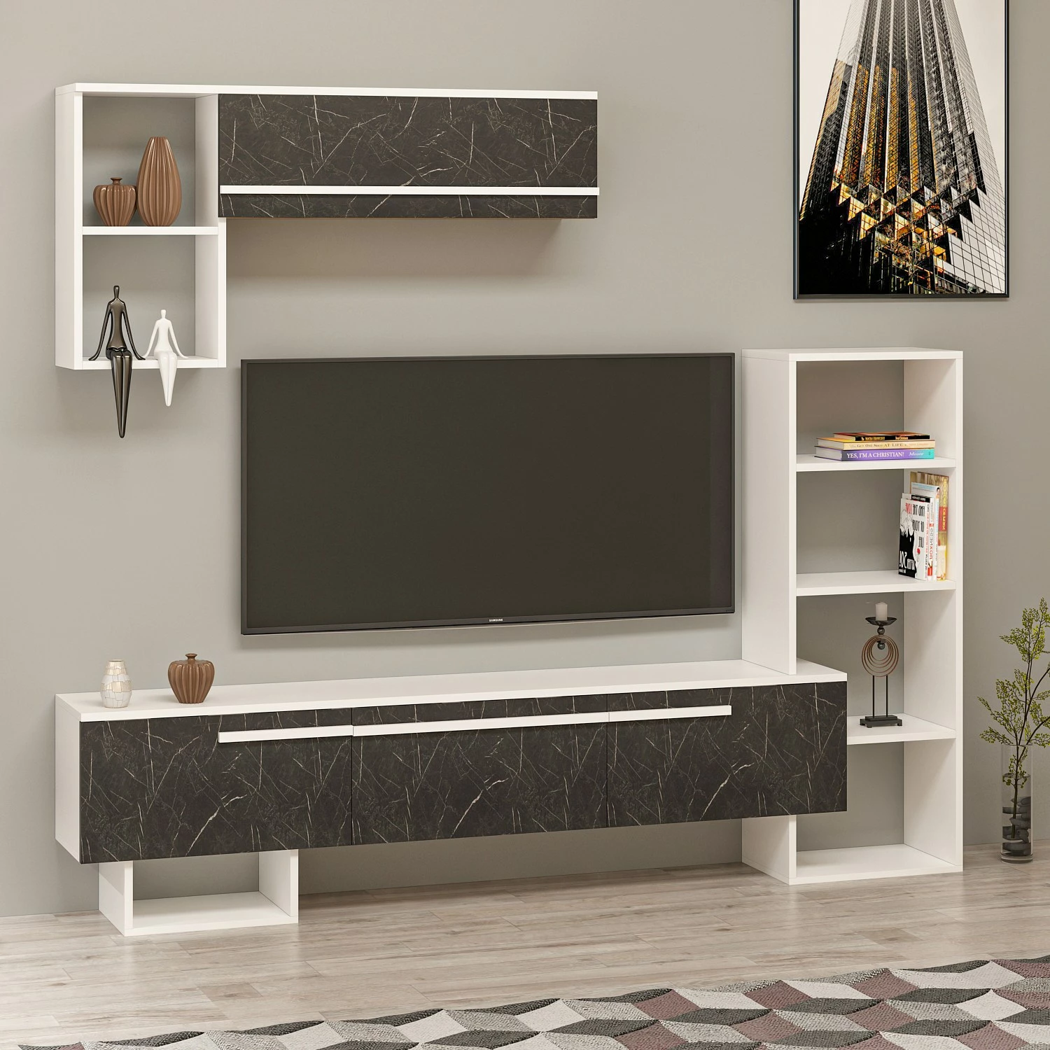 Komodë TV Hanah Home, Mega, e bardhë dhe mermer mbretëror