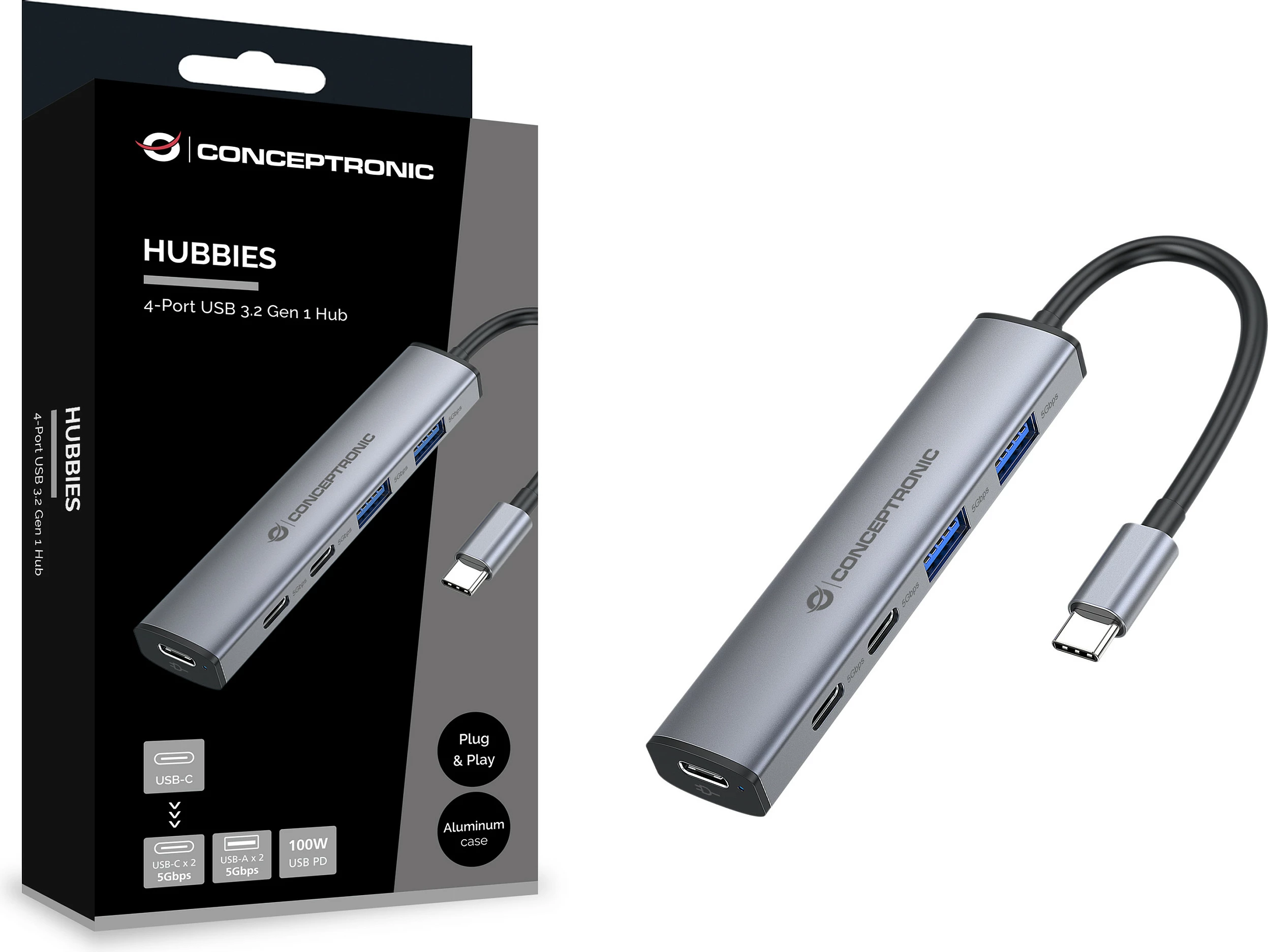 Dock USB-C Conceptronic 4-në-1, 2x USB-C, 2x USB-A, 100W PD, gri