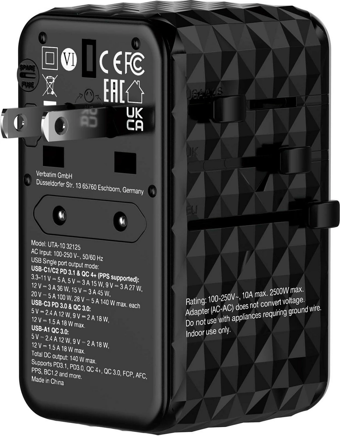 Adapter udhëtimi universal Verbatim UTA-10 GaN III, 140W, 3x USB-C PD, 1x USB-A, i zi