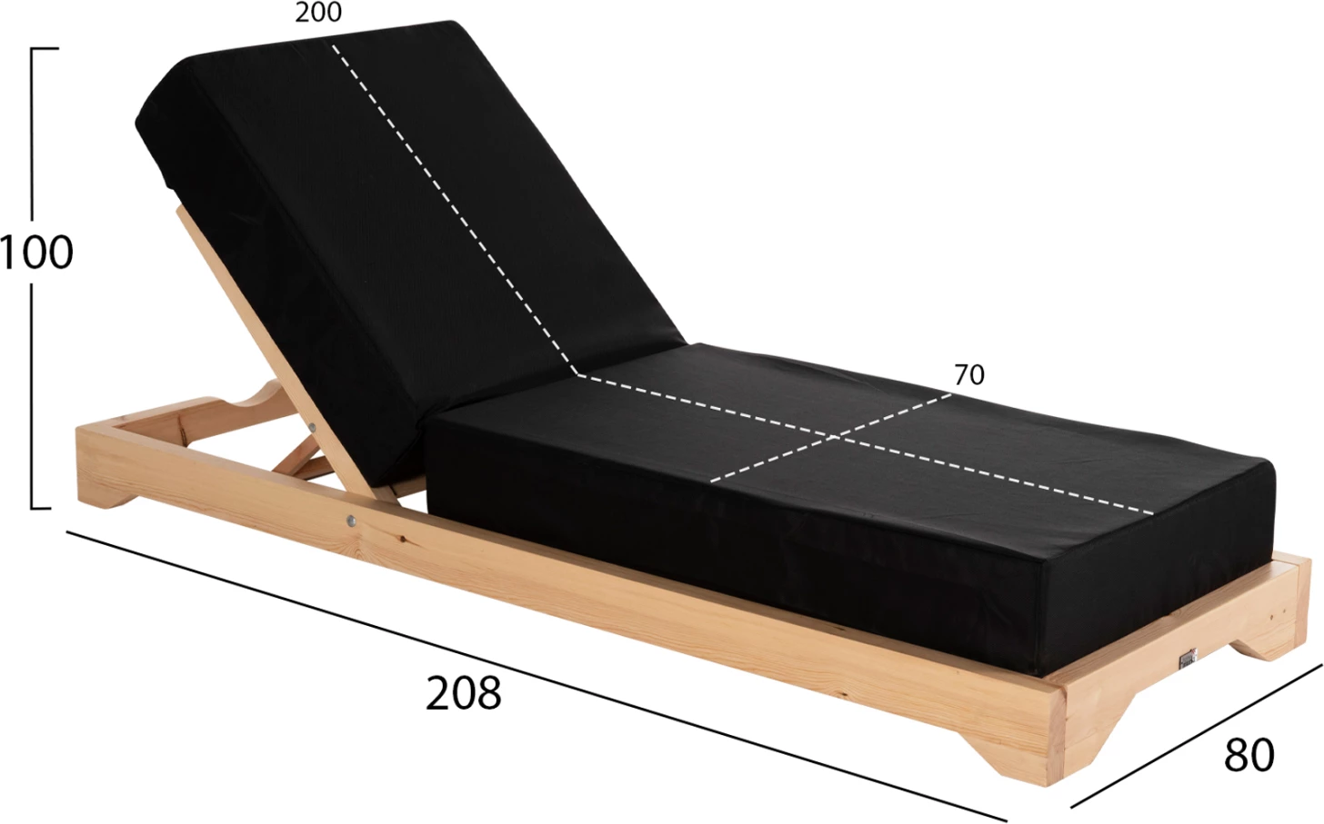 Shezlong plazhi i ulët IKARIA, dru pishe, ngjyrë natyrale, tekstilene e zezë, jastëk 20 cm i trashë