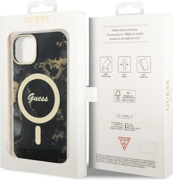 Mbështjellës Guess Golden Marble për iPhone 14 6.1", MagSafe, i zi