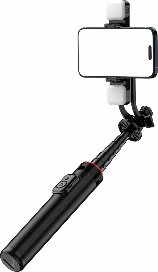 Selfie stick Hurtel WC12YDS tripod teleskopik 1.31m me dritë LED të dyfishtë dhe mbajtëse telefoni, e zezë