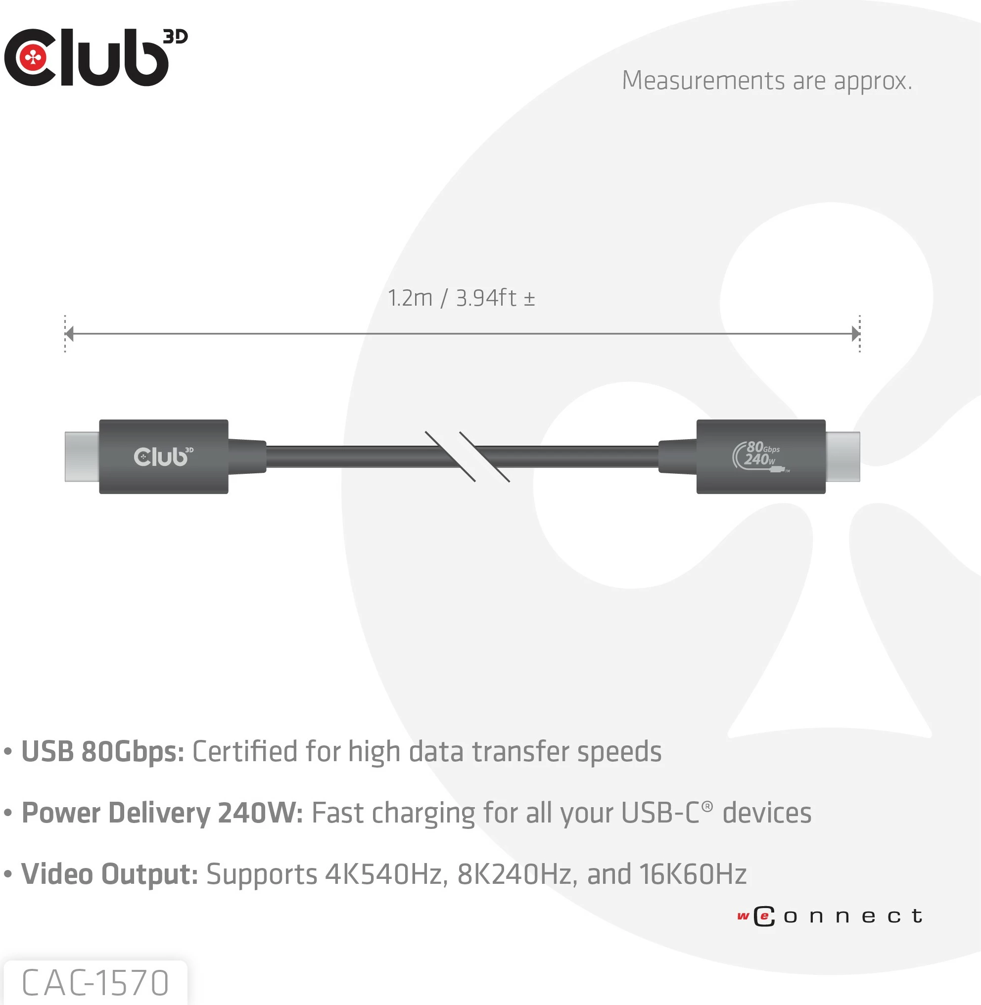 Kabllo USB-C Club3D CAC-1570, 80Gbps, 240W, 8K240Hz, 1.2m, e zezë