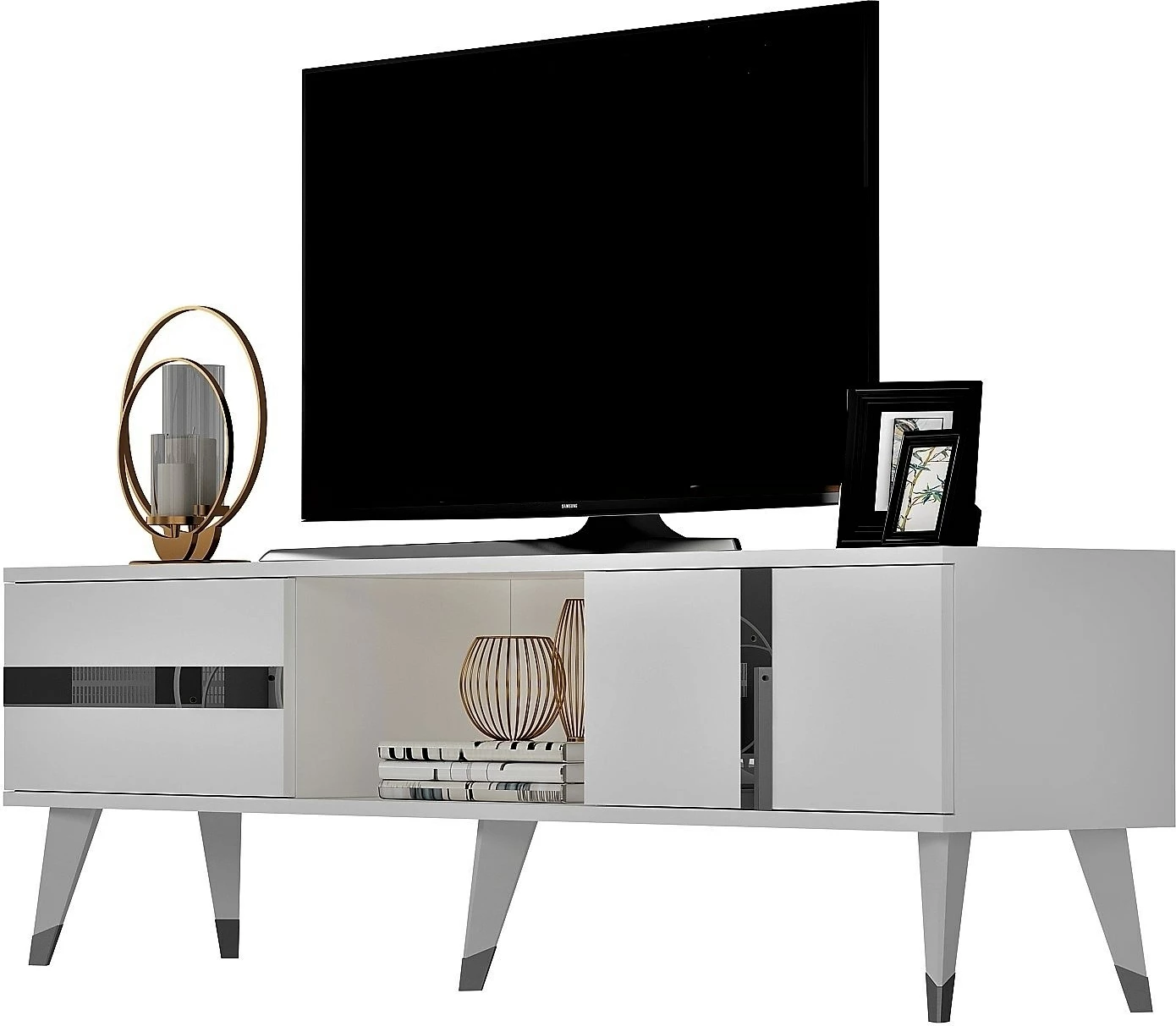 Komodë TV Skye Decor, Vania, e bardhë, argjend