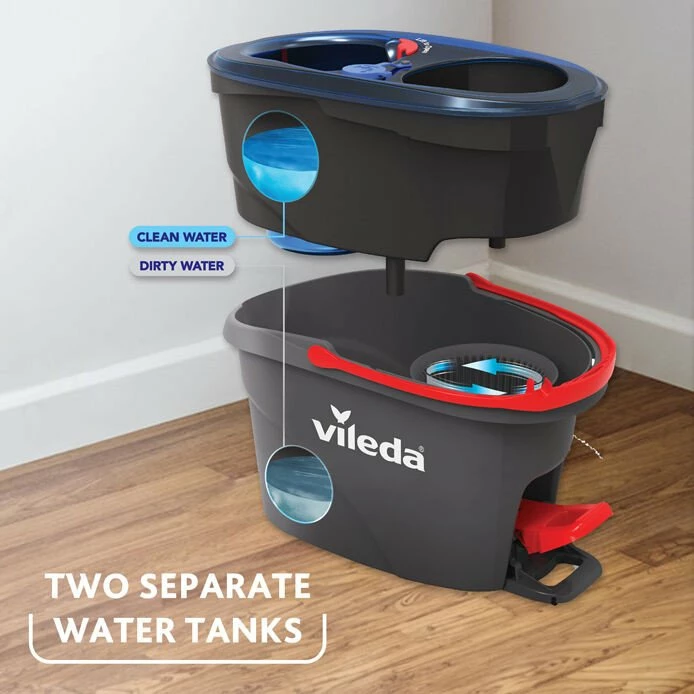 Set mop rrotullues me kovë Vileda H2prO, mikrofibër, shufër teleskopike, me shtrydhëse, i zi